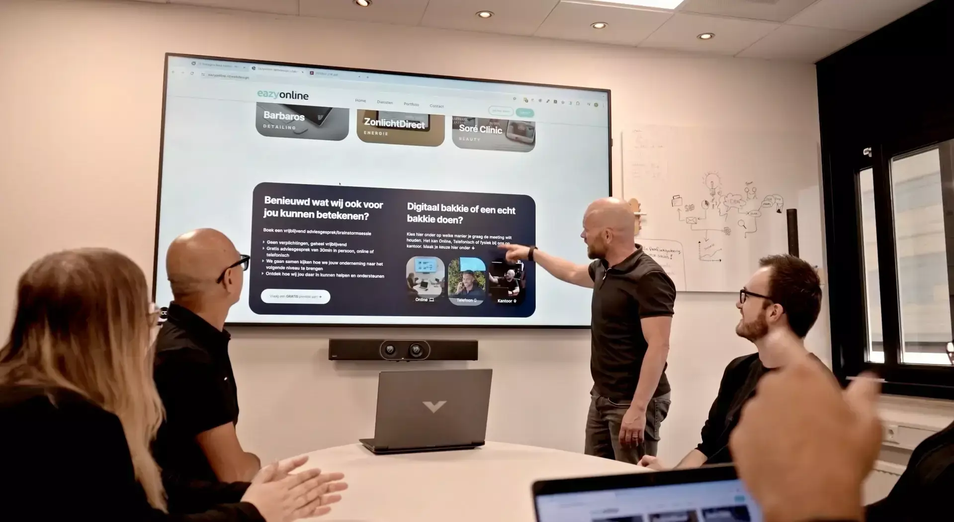 Presentatie van websiteconcept en structuur tijdens overleg in een vergaderruimte.